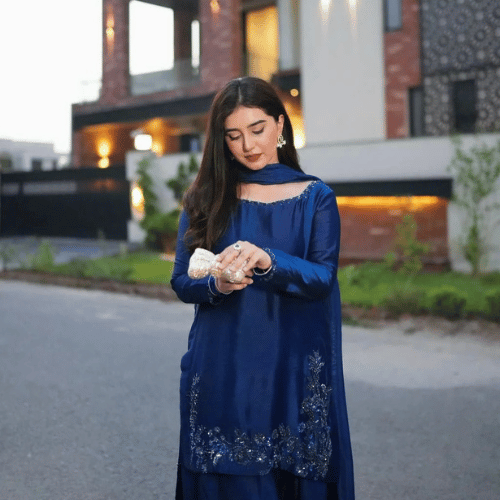 Luxury Blue Silk Farshi 3PC Suit – Royal & Elegant Look