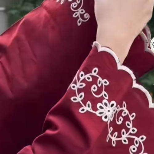 Elegant Maroon Kurta with Cream Printed Trousers & Chic White Handbag