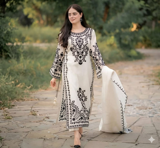 Black & White Embroidered Lawn Suit With Chiffon Dupatta