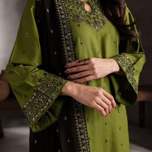 Green Embroidered Suit with Black Chiffon Dupatta โ Elegant & Timeless Look