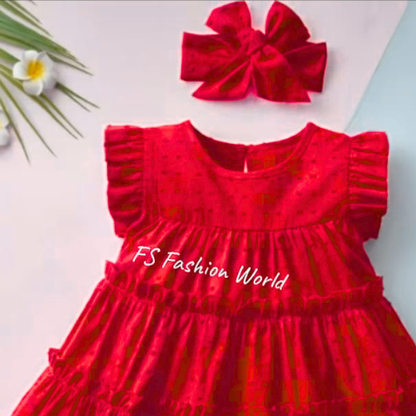 Cute Red & Maroon Baby Frock with Hair Bow – Soft Cotton