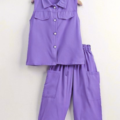 Trendy Purple Co-Ord Set – Stylish Sleeveless Top with Cargo Pants