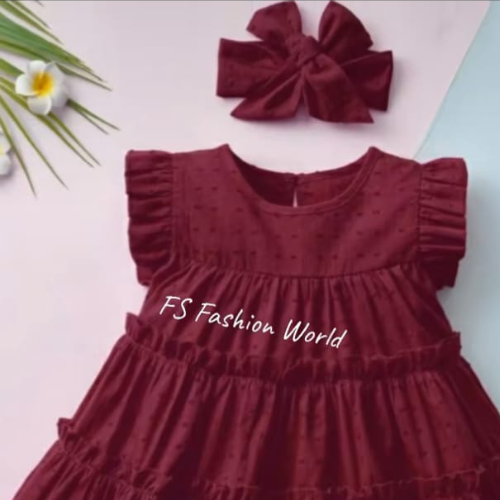 Cute Red & Maroon Baby Frock with Hair Bow – Soft Cotton