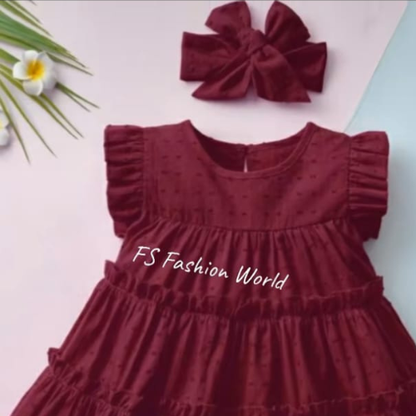 Cute Red & Maroon Baby Frock with Hair Bow – Soft Cotton