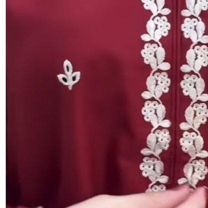 Elegant Maroon Kurta with Cream Printed Trousers & Chic White Handbag