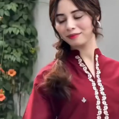 Elegant Maroon Kurta with Cream Printed Trousers & Chic White Handbag