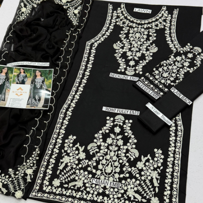 Black & White Embroidered Lawn Suit With Chiffon Dupatta