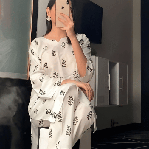Elegant White Floral 2PC Suit – Soft & Graceful Summer Wear
