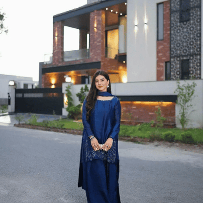 Luxury Blue Silk Farshi 3PC Suit – Royal & Elegant Look