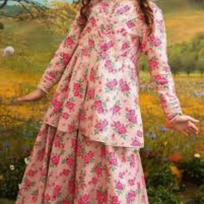 Elegant Pink Floral 2PC Girls Outfit – Soft & Stylish Party Wear