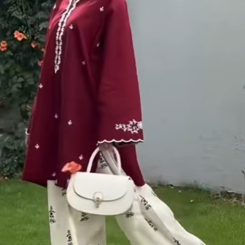 Elegant Maroon Kurta with Cream Printed Trousers & Chic White Handbag