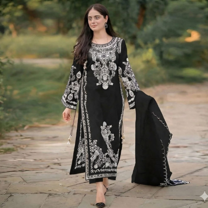 Black & White Embroidered Lawn Suit With Chiffon Dupatta