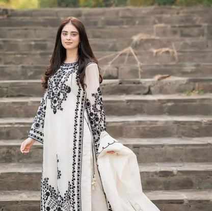 Black & White Embroidered Lawn Suit With Chiffon Dupatta