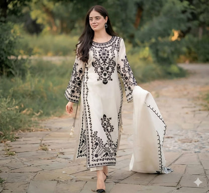 Black & White Embroidered Lawn Suit With Chiffon Dupatta
