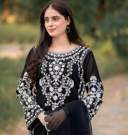 Black & White Embroidered Lawn Suit With Chiffon Dupatta