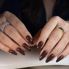 Glossy Almond Shape Nails – Deep Red & Brown Elegant Finish