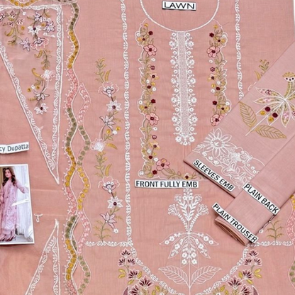 Elegant Baby Pink Embroidered Luxury Suit with Chiffon Dupatta & Trouser