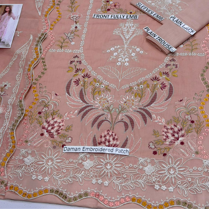 Elegant Baby Pink Embroidered Luxury Suit with Chiffon Dupatta & Trouser