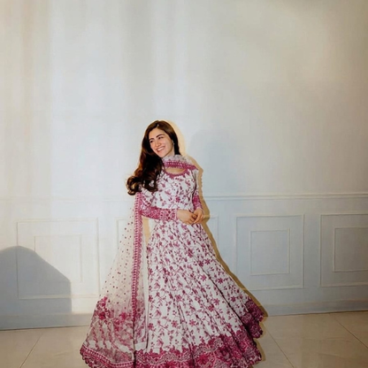 Elegant Blue & Pink Floral Printed Long Maxi with Chiffon Dupatta – Premium Flowing Outfit