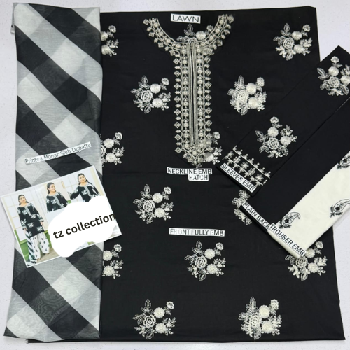 Black Embroidered Suit with White Floral Design & Chiffon Dupatta – Elegant Statement wear