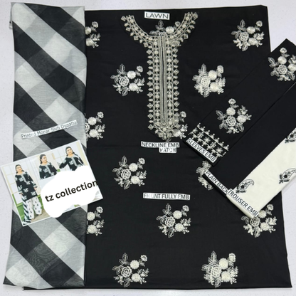 Black Embroidered Suit with White Floral Design & Chiffon Dupatta – Elegant Statement wear