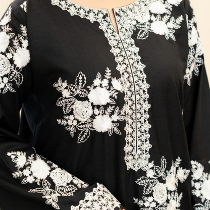 Black Embroidered Suit with White Floral Design & Chiffon Dupatta – Elegant Statement wear