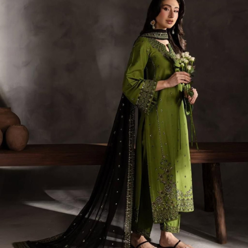 Green Embroidered Suit with Black Chiffon Dupatta – Elegant & Timeless Look