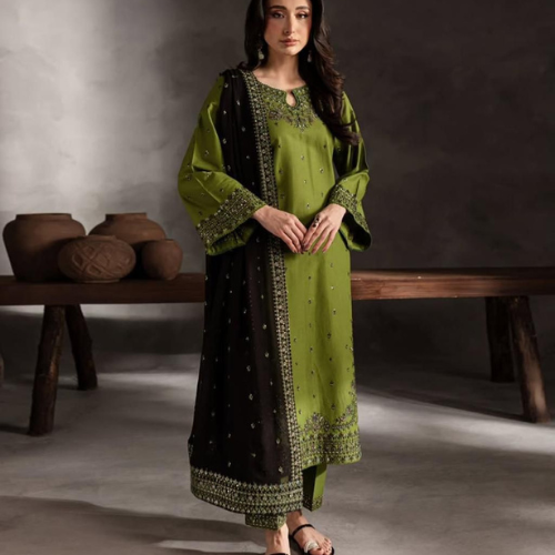 Green Embroidered Suit with Black Chiffon Dupatta – Elegant & Timeless Look