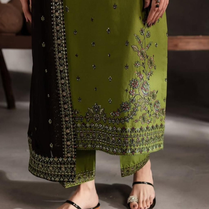 Green Embroidered Suit with Black Chiffon Dupatta – Elegant & Timeless Look