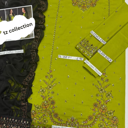 Green Embroidered Suit with Black Chiffon Dupatta – Elegant & Timeless Look