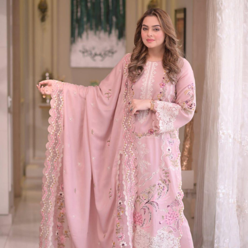 Elegant Baby Pink Embroidered Luxury Suit with Chiffon Dupatta & Trouser