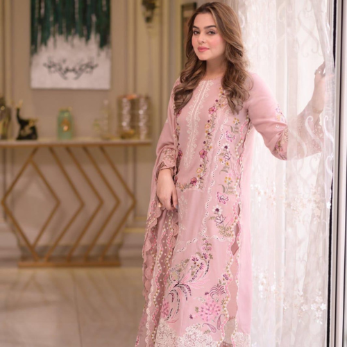 Elegant Baby Pink Embroidered Luxury Suit with Chiffon Dupatta & Trouser