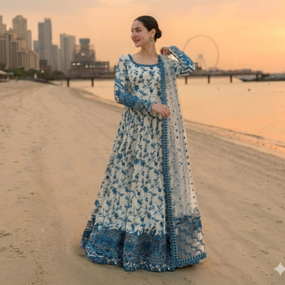 Elegant Blue & Pink Floral Printed Long Maxi with Chiffon Dupatta – Premium Flowing Outfit